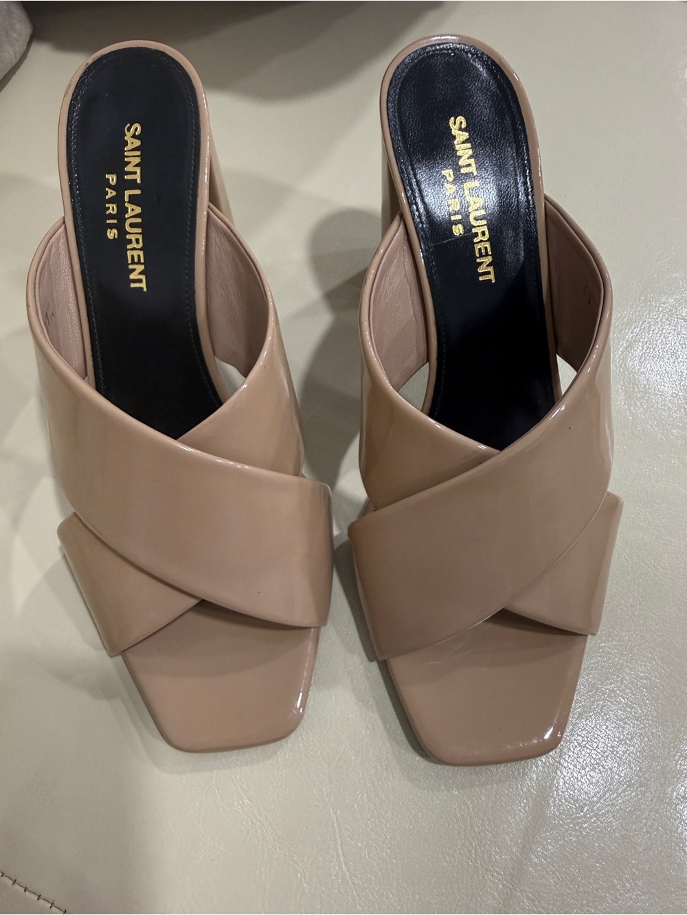 Saint Laurent Nude Patent Crisscross Square-Toe Mules